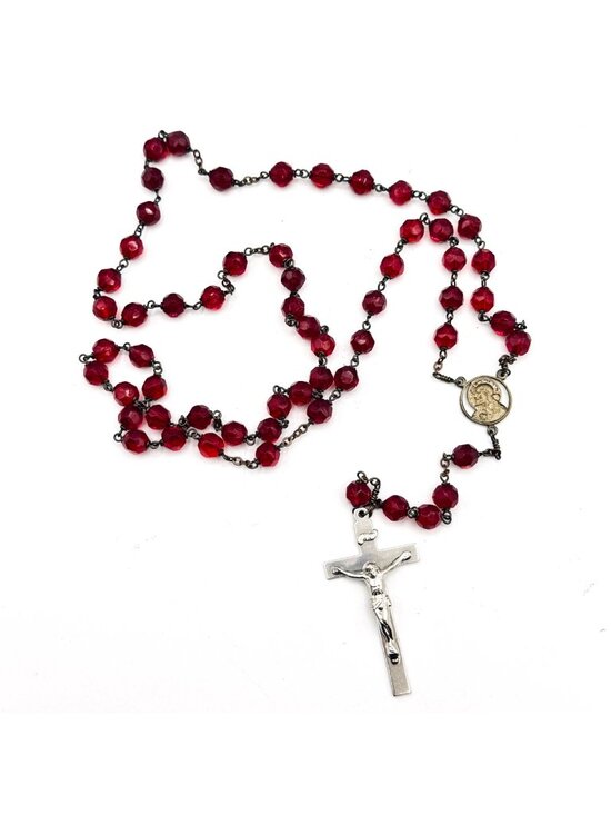 None Jewelry - VTG Ruby Red Glass Bead Rosary Faceted Hand-linked 5 Decades Madonna & Child 20"
